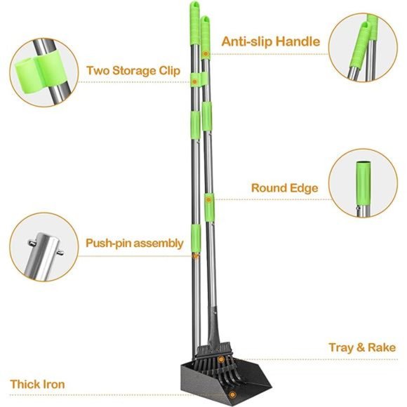 Dog Pooper Scooper Long Handle Stainless Metal Tray and Rake (Green) - Picture 3 of 7